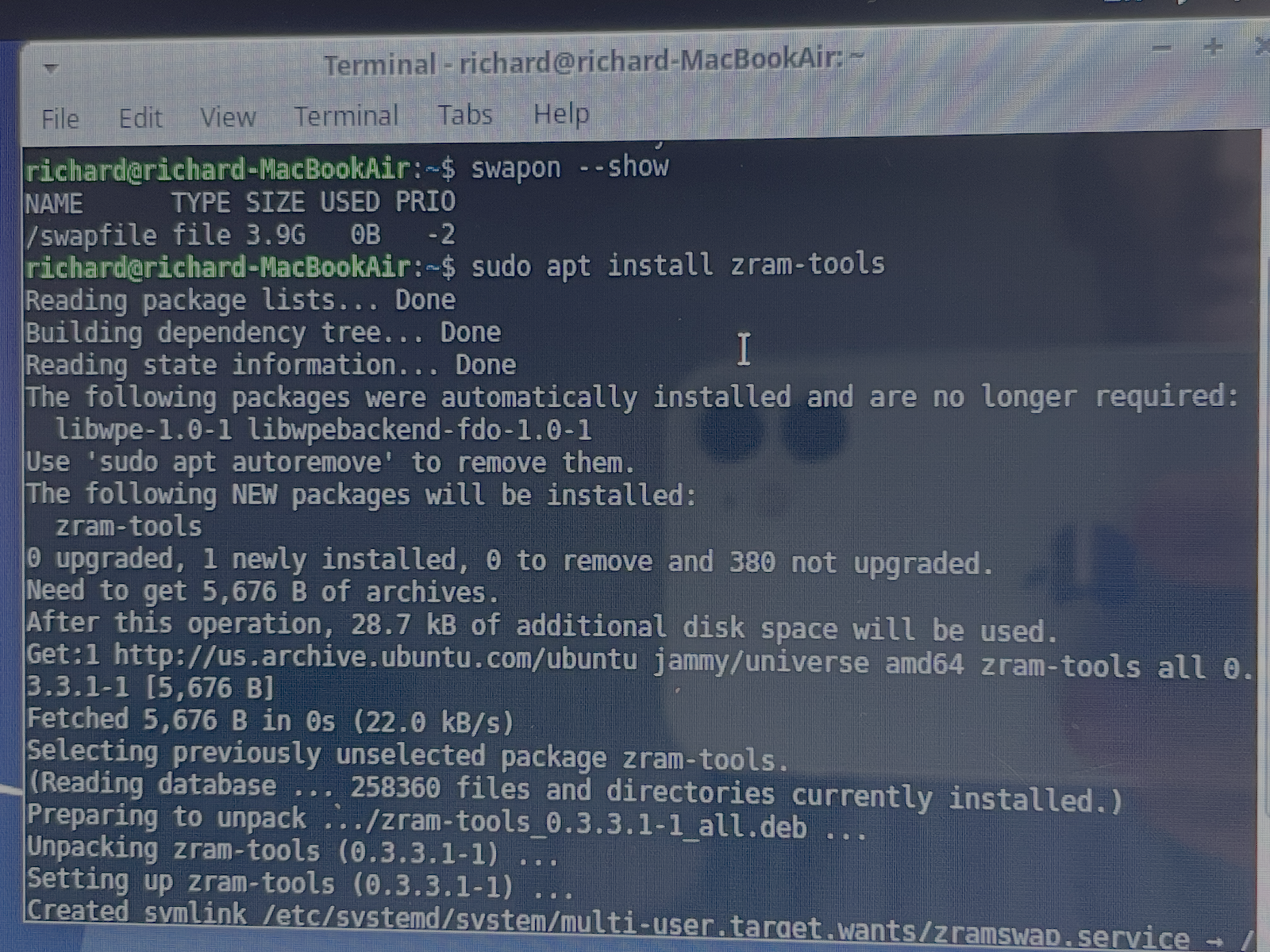 Swap and zRAM terminal output