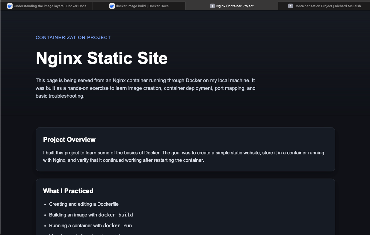 Browser displaying the custom page served through the container