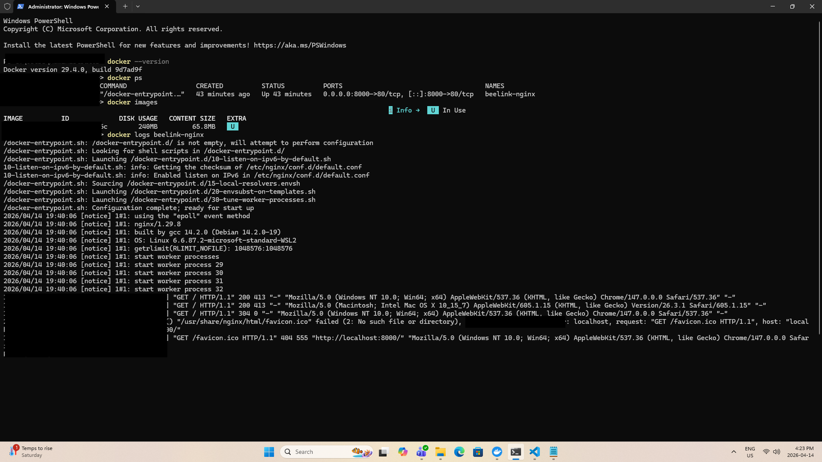 Terminal output showing the rebuilt container and mapped port