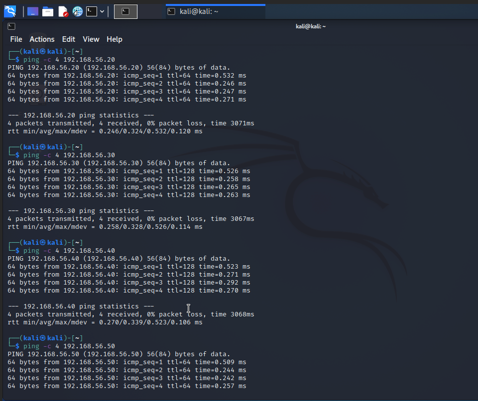 Kali terminal showing successful ping tests to lab target machines