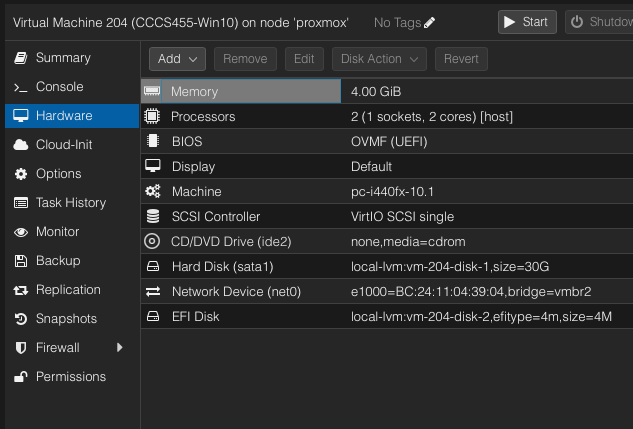 Proxmox Windows 10 VM hardware settings showing OVMF UEFI configuration