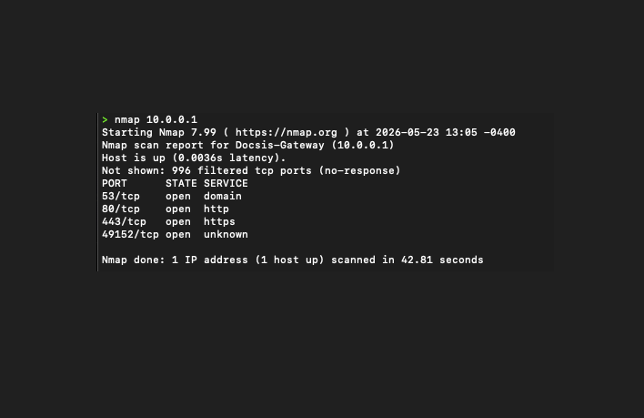 Nmap scan output showing open ports on the router gateway