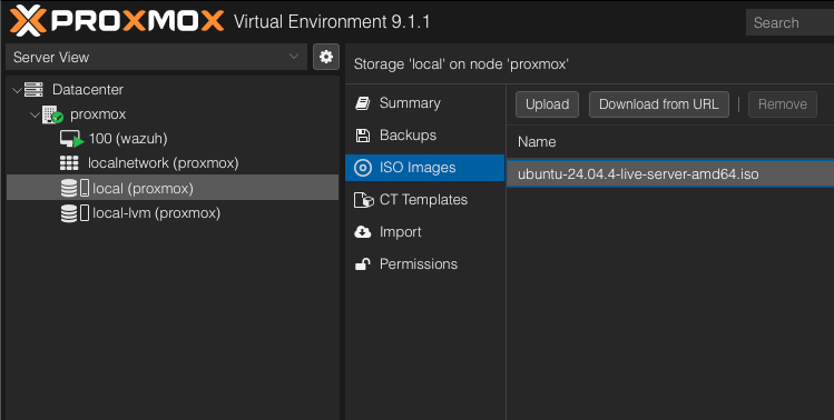 Ubuntu Server ISO uploaded into Proxmox storage