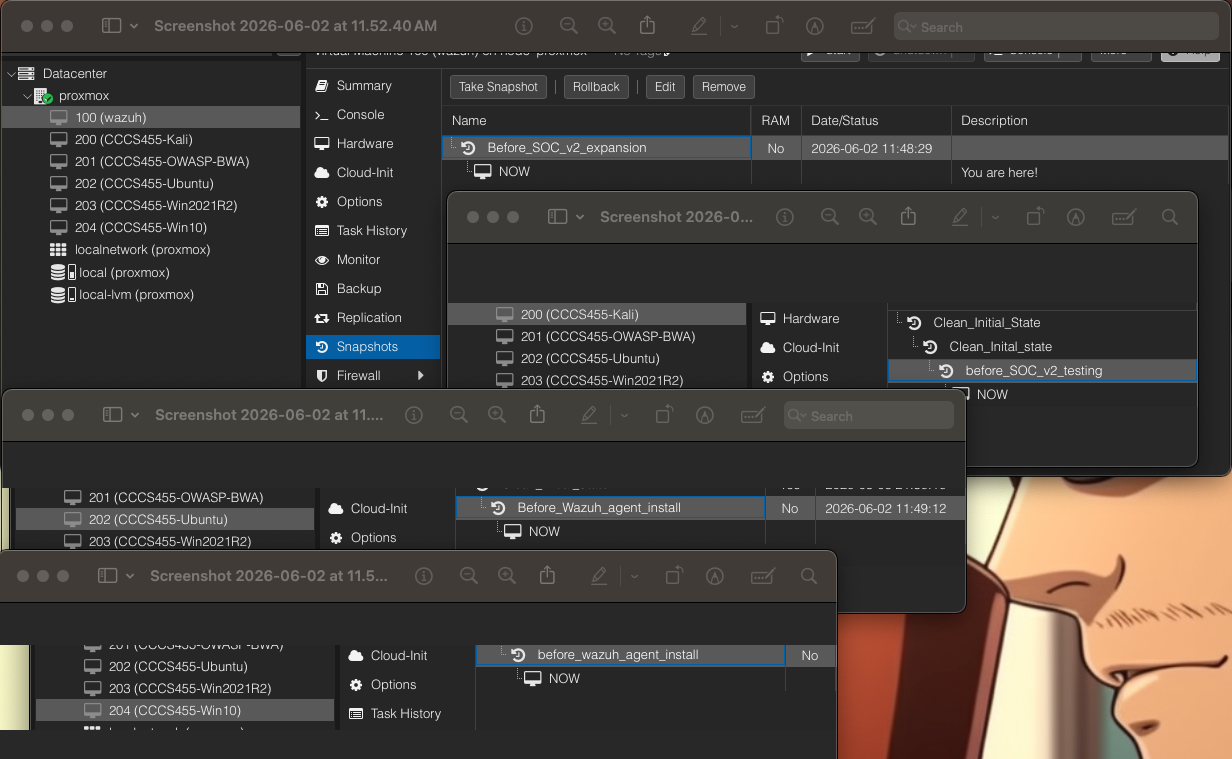 Proxmox snapshots showing rollback points before SOC version 2 expansion and testing