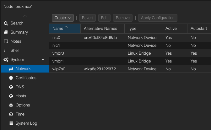 Proxmox network page showing vmbr0 and vmbr1 bridges configured